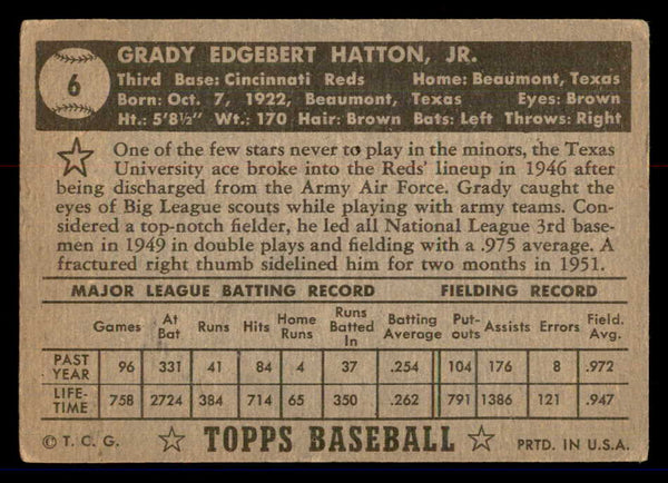 1952 Topps Baseball #006 Grady Hatton Reds VG Black 558594