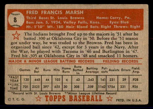 1952 Topps Baseball #008 Fred Marsh Browns VG Red 558595