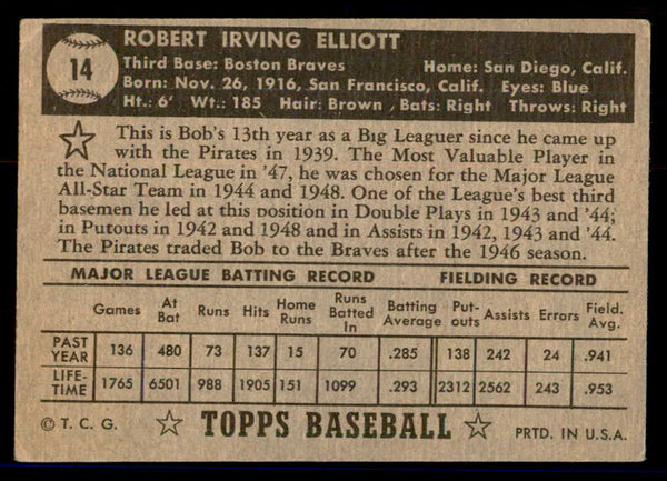 1952 Topps Baseball #014 Bob Elliott Braves VG-EX Black 558599
