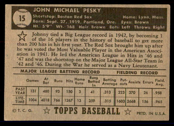 1952 Topps Baseball #015 Johnny Pesky Red Sox VG-EX Black 558600