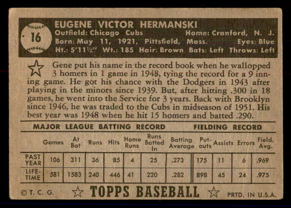 1952 Topps Baseball #016 Gene Hermanski Cubs VG Black 558601