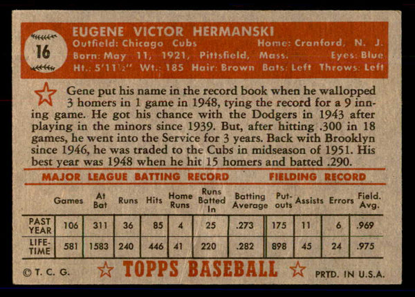 1952 Topps Baseball #016 Gene Hermanski Cubs GD-VG Red 558602