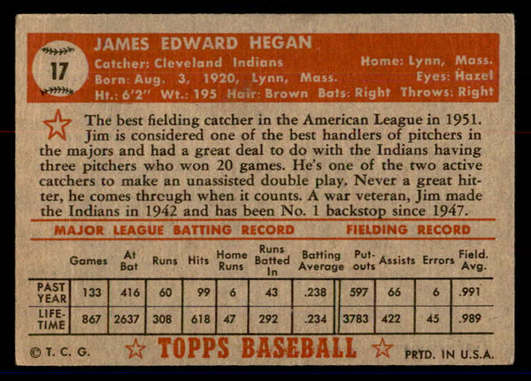 1952 Topps Baseball #017 Jim Hegan Indians VG-EX Red 558603