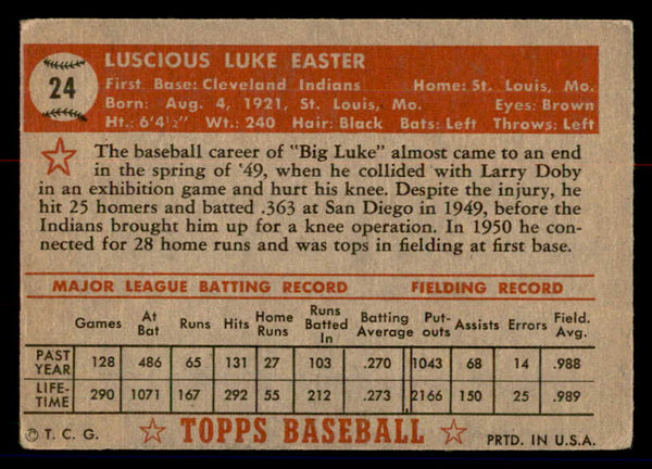 1952 Topps Baseball #024 Luke Easter Indians VG Red 558608