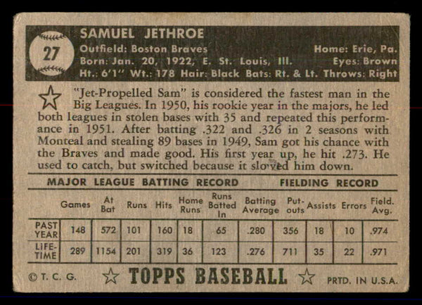1952 Topps Baseball #027 Sam Jethroe Braves GD-VG Black 558610