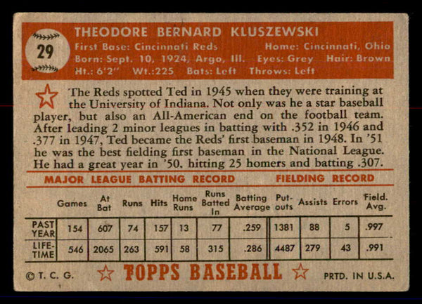 1952 Topps Baseball #029 Ted Kluszewski Reds VG Red 558611