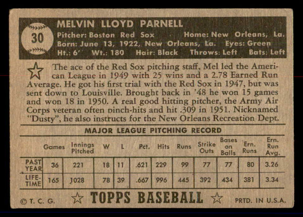 1952 Topps Baseball #030 Mel Parnell Red Sox VG Black 558613