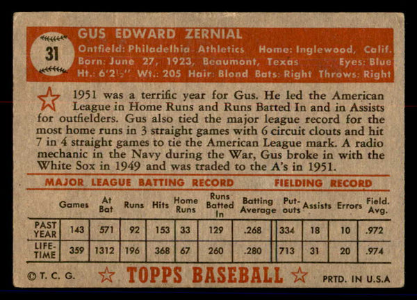 1952 Topps Baseball #031 Gus Zernial A's GD-VG Red 558616