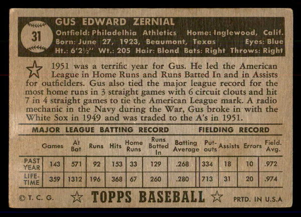 1952 Topps Baseball #031 Gus Zernial A's VG Black 558617