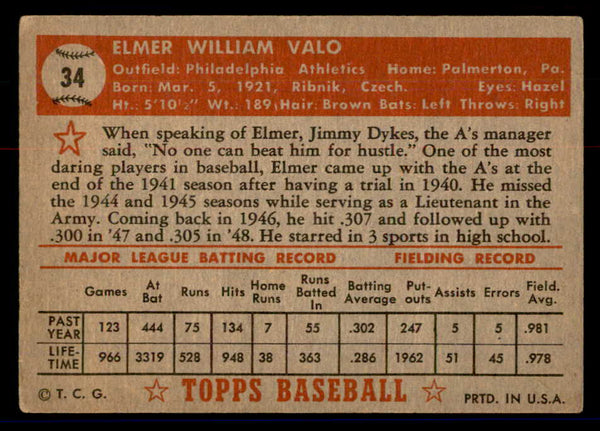 1952 Topps Baseball #034 Elmer Valo A's VG Red 558620