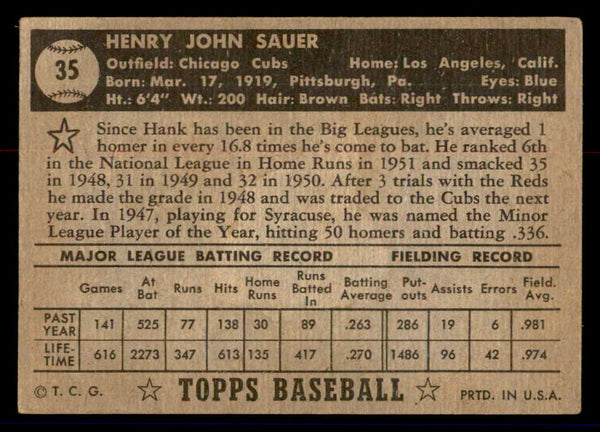 1952 Topps Baseball #035 Hank Sauer Cubs VG Black 558623
