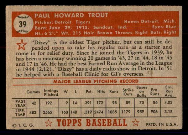 1952 Topps Baseball #039 Dizzy Trout Tigers VG Red 558627