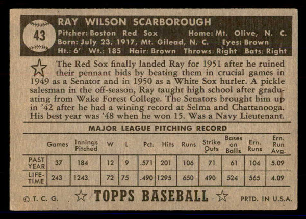 1952 Topps Baseball #043 Ray Scarborough Red Sox VG Black 558631