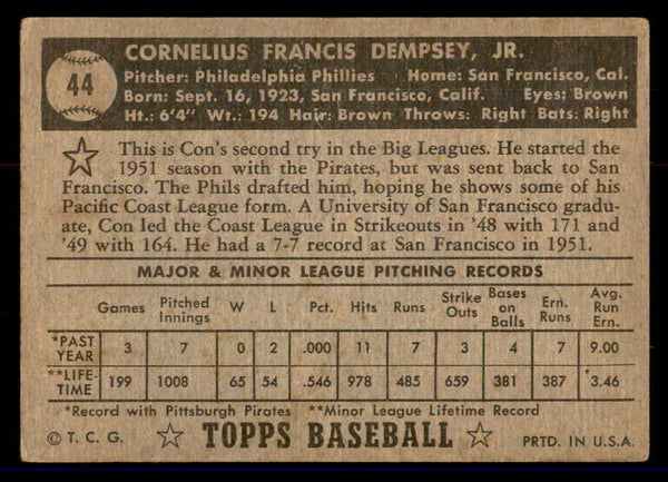 1952 Topps Baseball #044 Con Dempsey Phillies VG Black 558634