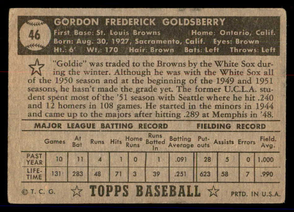 1952 Topps Baseball #046 Gordon Goldsberry Browns GD-VG Black 558637