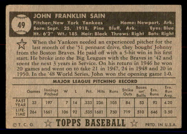 1952 Topps Baseball #049 Johnny Sain Yankees FR-GD Black erasure 558641