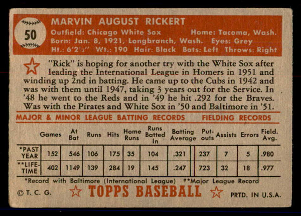 1952 Topps Baseball #050 Marv Rickert White Sox VG Red 558642