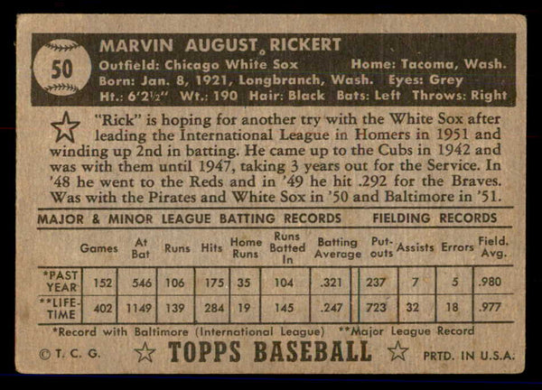 1952 Topps Baseball #050 Marv Rickert White Sox VG Black 558643