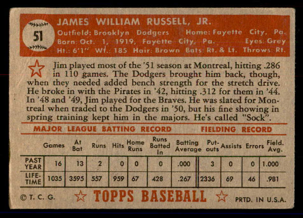 1952 Topps Baseball #051 Jim Russell Dodgers VG-EX Red 558645