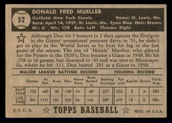 1952 Topps Baseball #052 Don Mueller Giants VG Black 558646