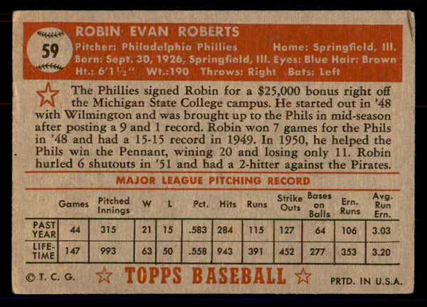 1952 Topps Baseball #059 Robin Roberts Phillies VG-EX Red 558650