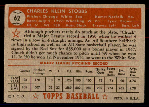 1952 Topps Baseball #062 Chuck Stobbs White Sox GD-VG Red 558653