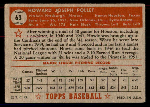 1952 Topps Baseball #063 Howie Pollet Pirates VG Red 558654