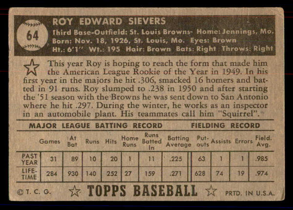 1952 Topps Baseball #064 Roy Sievers Browns VG Black 558655