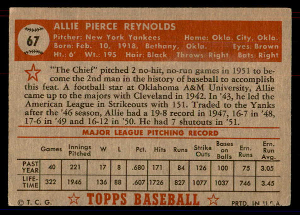 1952 Topps Baseball #067 Allie Reynolds Yankees VG Red 558657