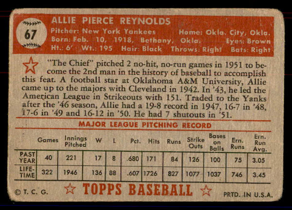 1952 Topps Baseball #067 Allie Reynolds Yankees Good Red 558658