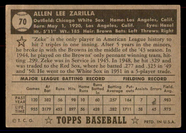 1952 Topps Baseball #070 Al Zarilla White Sox VG Black 558660