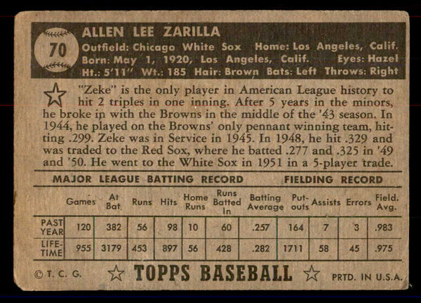 1952 Topps Baseball #070 Al Zarilla White Sox GD-VG Black 558661