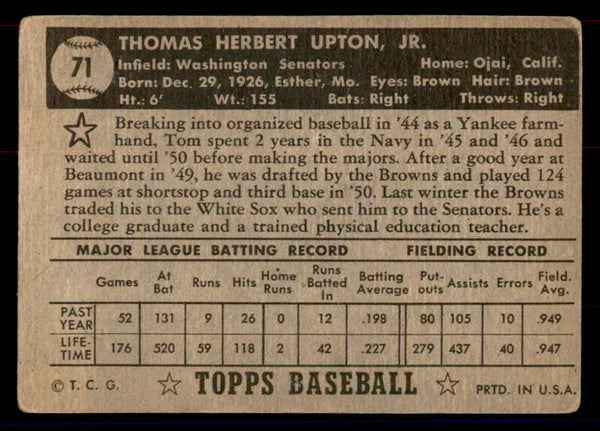 1952 Topps Baseball #071 Tom Upton Senators GD-VG Black 558662