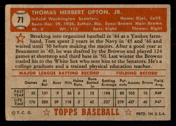 1952 Topps Baseball #071 Tom Upton Senators GD-VG Red 558663