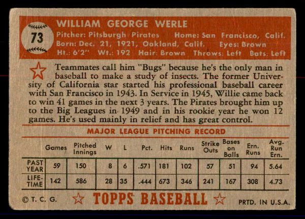 1952 Topps Baseball #073 Bill Werle Pirates VG Red 558665