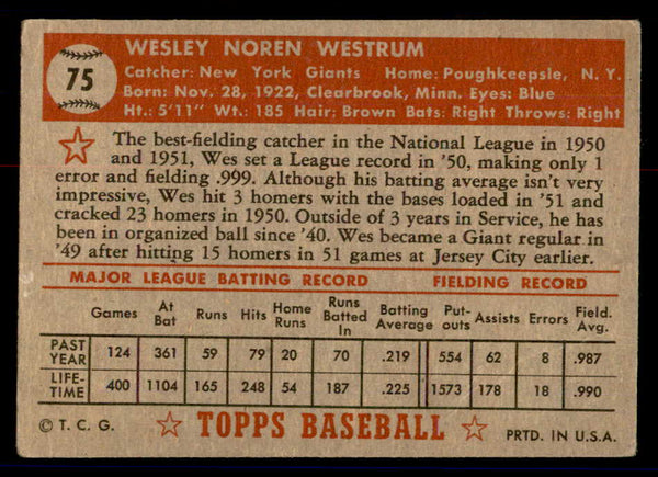 1952 Topps Baseball #075 Wes Westrum Giants GD-VG Red 558666
