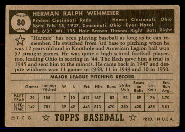 1952 Topps Baseball #080 Herman Wehmeier Reds VG Black 558670