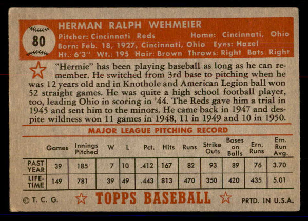 1952 Topps Baseball #080 Herman Wehmeier Reds VG Red 558671