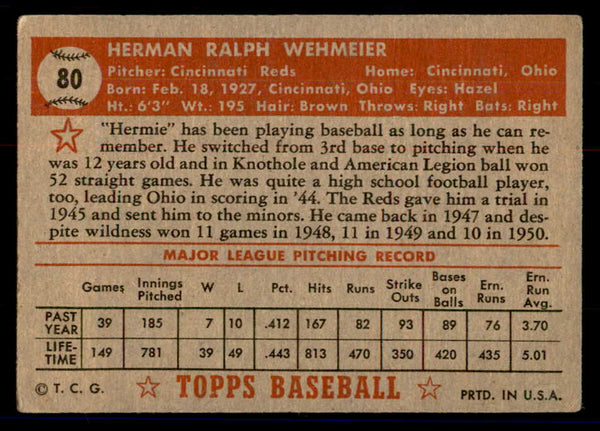 1952 Topps Baseball #080 Herman Wehmeier Reds GD-VG Red 558672