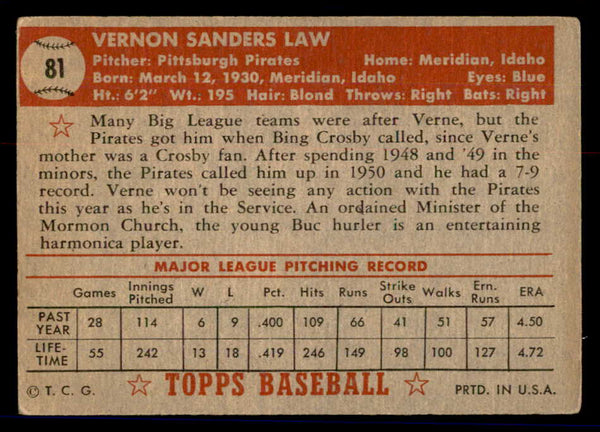 1952 Topps Baseball #081 Vern Law Pirates VG-EX 558673