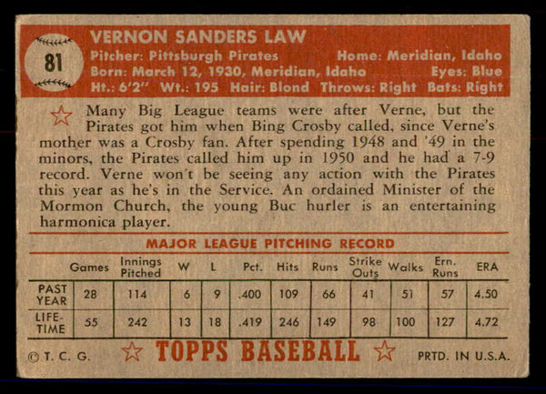 1952 Topps Baseball #081 Vern Law Pirates VG 558674