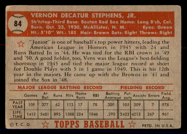 1952 Topps Baseball #084 Vern Stephens Red Sox GD-VG 558678