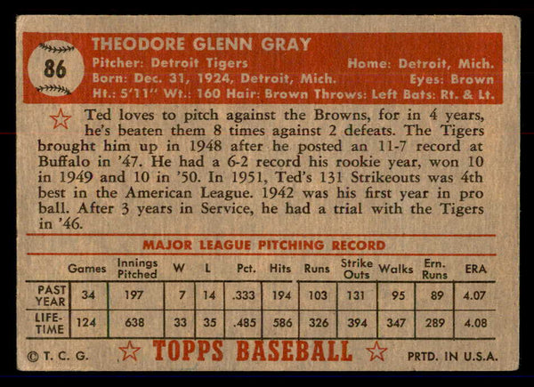 1952 Topps Baseball #086 Ted Gray Tigers VG 558679