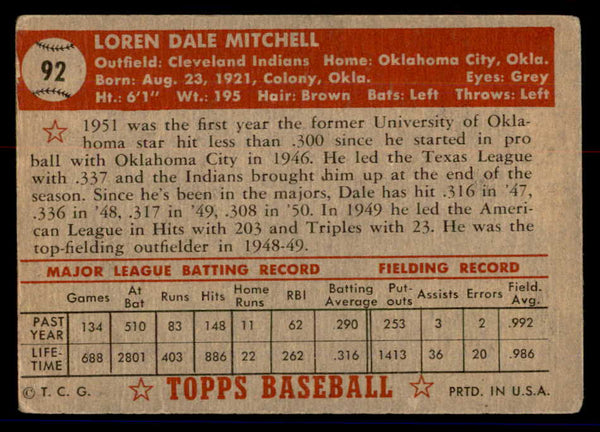 1952 Topps Baseball #092 Dale Mitchell Indians GD-VG 558684