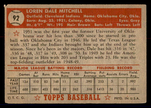 1952 Topps Baseball #092 Dale Mitchell Indians GD-VG 558685