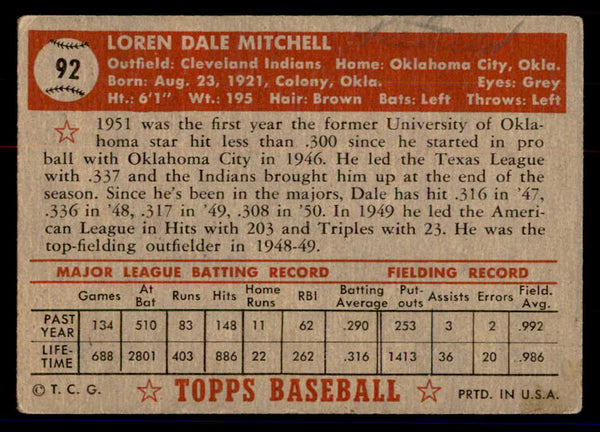 1952 Topps Baseball #092 Dale Mitchell Indians VG 558686