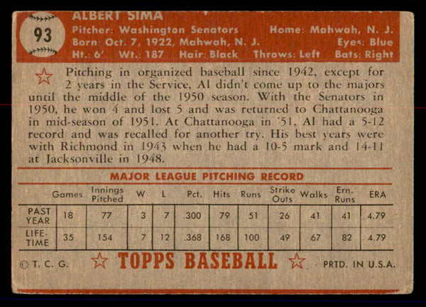 1952 Topps Baseball #093 Al Sima Senators VG 558687