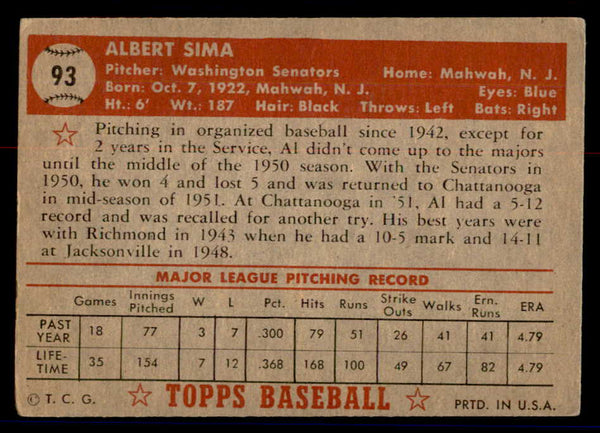 1952 Topps Baseball #093 Al Sima Senators VG-EX 558688