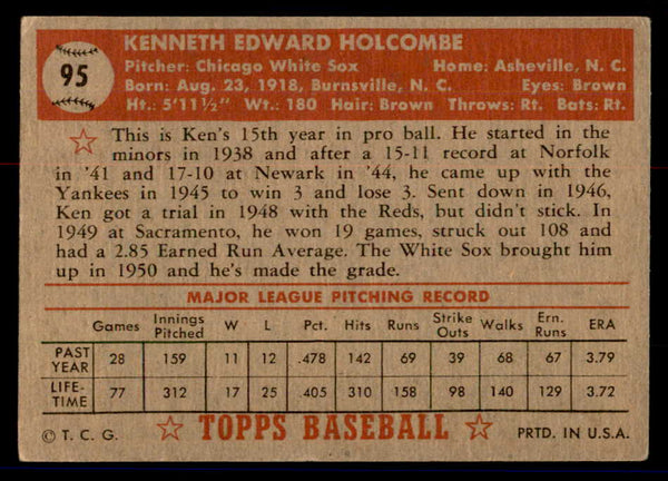 1952 Topps Baseball #095 Ken Holcombe White Sox VG 558690