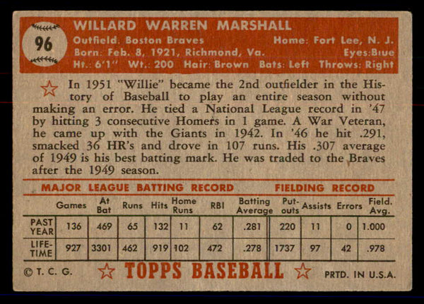 1952 Topps Baseball #096 Willard Marshall Braves VG-EX 558691